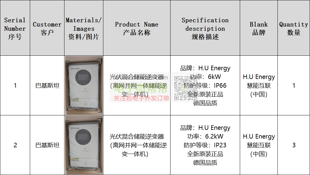 2款H.U Energy品牌光伏混合储能逆变器,数量:1和3 2款H.U Energy品牌光伏混合储能逆变器,数量:1和3