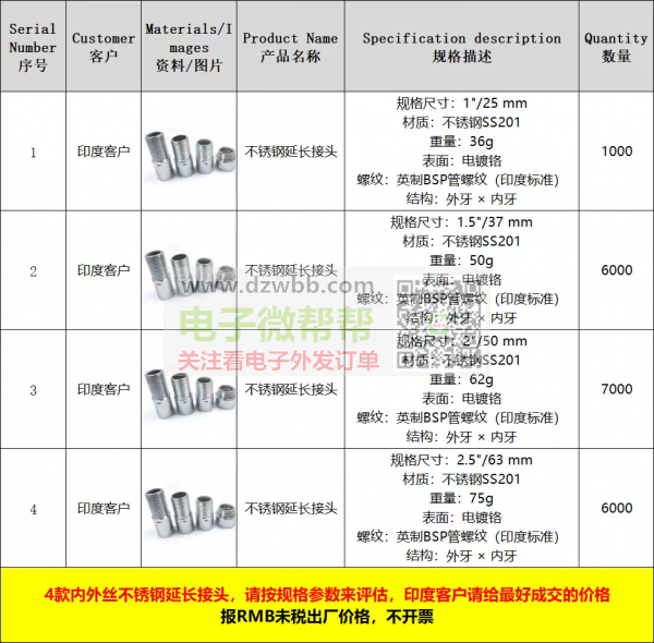 4款内外丝不锈钢延长接头,厂家请联系! 4款内外丝不锈钢延长接头,厂家请联系!